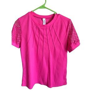 Pink B short sleeve SZ Medium top shirt lace waffle weave pleated